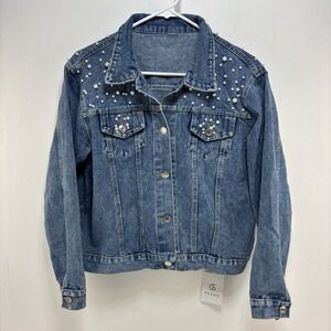 Women's Cropped Pearl Embellished Denim Jacket Size Small NWT Boho Western Glam